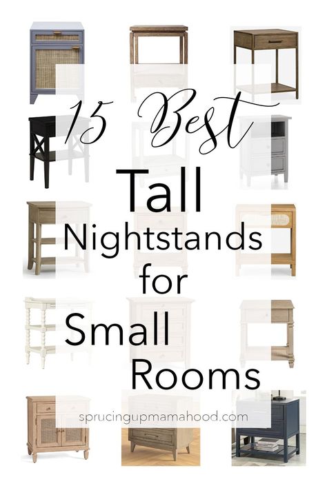 A round-up of the best 15 Tall Nightstand Ideas for Small Rooms #bedroomfurniture #nightstandoptions #smallbedrooms #narrownightstands Small Bedroom End Tables, Nightstand In Living Room, Small Space Bedside Table Ideas, Small Bedroom Nightstands, Tall Nightstand Ideas Diy, Nightstand Ideas For Small Spaces, Bedroom Nightstands Ideas, Nightstand For Tall Bed, Affordable Nightstand Ideas