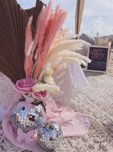 Disco themed floral arrangement for a luxury bohemian beach picnic experience in Ft. Lauderdale, FL Beach Disco Wedding, Disco Beach Party, Pink Disco Pool Party, Disco Ball Beach Wedding, Disco Picnic, Tropical Disco Wedding Theme, Beach Disco, Tropical Disco Wedding, Disco Event