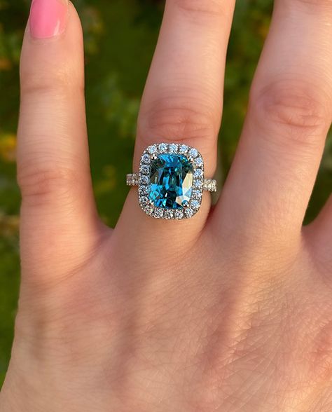 Excited to share this item from my #etsy shop: Cushion Blue Zircon Halo Diamond Engagement Ring. Natural Blue Zircon in a Cushion Halo Ring. Beautiful Statement Ring. Cushion Halo Ring, Blue Zircon Ring, Fancy Diamond Ring, Blue Diamond Engagement Ring, Pear Shaped Diamond Ring, Diamond Bracelet Design, Blue Engagement Ring, Cushion Halo, Blues Clues