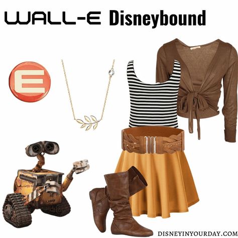 Wall-E Disneybound - put together the perfect Wall-E Disneybound with inspiration in this post, plus some tips, where to buy affordable disneybounding items, how to coordinate with an EVE disneybound, and more! From Disney in your Day Wall E Inspired Outfit, Wall E Disneybound, Walle Disneybound, Eve Disneybound, Wall E Costume, Disneyland 2024, Disney Movie Trivia, Disney Parks Outfits, Disney On A Budget