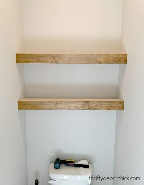 Shelves Behind Toilet, Floating Shelves Over Toilet, Shelves Above The Toilet, Floating Wood Shelves, How To Make Floating Shelves, Diy Shelves Bathroom, Above Toilet, Bathroom Wood Shelves, Shelves Above Toilet