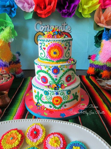 Bento Bakes a 3 tier Mexican dress inspired cake for a fiesta themed graduation party. 3 Tier Mexican Theme Cake, Mexican Graduation Cake, Fiesta Graduation Cake, Mexican Style Cake, Mexican Theme Graduation Party, Mexican Graduation Party, Mexican Cakes, Mexican Themed Cakes, Mexican Fiesta Cake