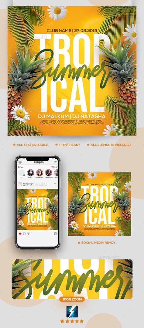 Tropical Summer Party, Summer Party Flyer, Business Advertisement, Tropical Poster, Food Flyer, Party Logo, Party Flyer Template, Birthday Club, Summer Party Decorations