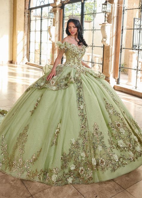 Light Green And Gold Quinceanera Dresses, Off The Shoulder Corset Dress, Dama Dresses Quinceanera, 1500 Dresses, Quinceanera Gowns, Quinceanera Tiaras, Quinceañera Ideas, Dama Dresses, Military Ball Dresses