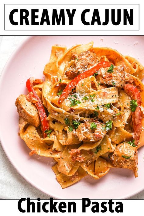 This creamy, spicy pasta dish with chicken is ready in about 35 minutes! #pasta #Cajun #chicken Pioneer Woman Cajun Chicken Alfredo, Dinner Recipes Cajun, Spicy Chicken Pasta, Creamy Cajun Chicken Pasta, Creamy Cajun Chicken, Cajun Chicken Pasta Recipes, Cajun Chicken Alfredo, Modern Honey, Chicken Pasta Dishes