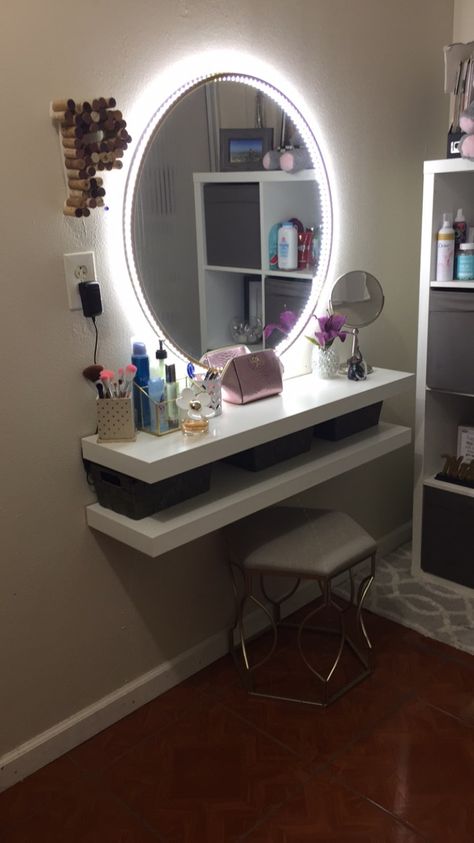 Small Vanity Mirror Ideas, Makeup Vanity With Mirror On Wall, Mirror Wall Decor With Shelves, Homemade Vanity Mirror With Lights, Make Up Mirror Ideas Vanity Area, Circle Mirror Vanity Bedroom, Vanity Ideas Bedroom Small Simple, Led Lights Behind Mirror Bedroom, Circle Vanity Mirror With Lights