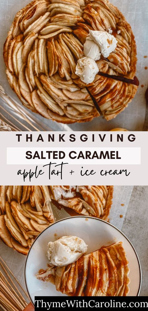 You might have heard of salted apple caramel apple pie, but why not a salted caramel apple tart? This sweet and tangy apple tart is baked in a buttery crust and topped with gooey, buttery caramel, flaky sea salt and vanilla ice cream. It’s the perfect Thanksgiving dessert! Caramel Apple Tart Recipe, Salted Caramel Apple Tart, Butterscotch Apple Pie, Apple Caramel Tart, Apple Tart Filling, Thanksgiving Tart Recipes, Pretty Apple Pie, Thanksgiving Tarts, Carmel Apple Pie Recipe