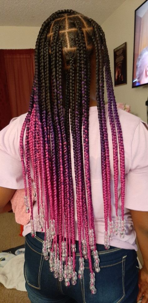 long Ombre pink braids lightweight with beads on the ends Box Braids With Beads At The End, Pink Box Braids, Box Braid, Kids Box Braids, Purple Braids, Colored Box Braids, Cute Box Braids, Braid Inspiration, Short Box Braids Hairstyles