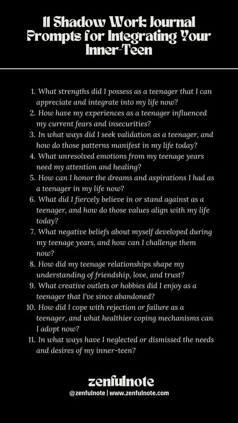 Integrating your inner-teen into your adult self through shadow work involves recognizing and embracing the experiences, emotions, and lessons from your teenage years. This process can help heal past wounds and enrich your current sense of self. Approaching these questions requires patience, compassion, and an open heart. Work Journal Prompts, Shadow Work Journal Prompts, Shadow Work Spiritual, Shadow Work Journal, Household Help, Healing Journaling, Journal Lists, Work Journal, Happiness Project