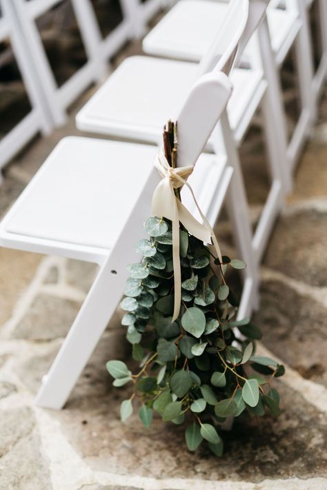 Eucalyptus greenery bundle with trailing ribbon as pew marker on aisle wedding chair Photo by Lydia Ruth Photography Eucalyptus Aisle Markers, End Of Aisle Wedding Decor, White Eucalyptus Wedding, Aisle Wedding Decor, Pew Marker, Eucalyptus Wedding Decor, White Eucalyptus, Church Aisle, Forever And Ever Amen