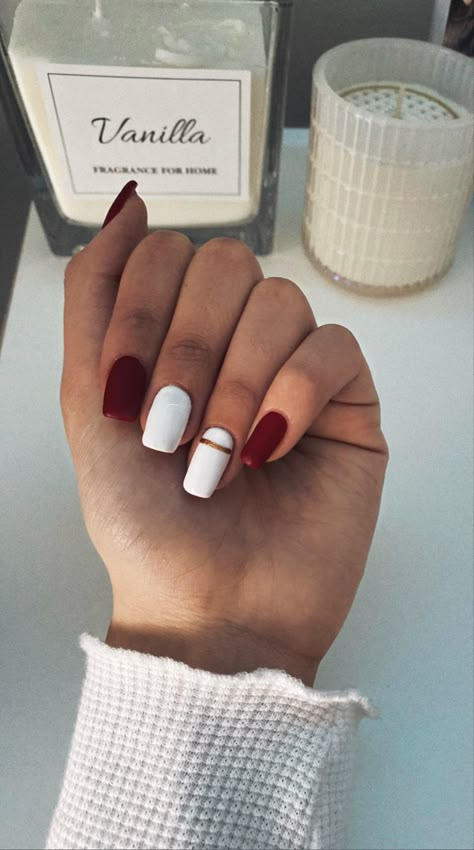 Red And White Matte Nails, White Nail With Red Design, Red Nails Accent Nail, Simple Nail Designs Red And White, Simple Nails Red And White, Maroon White Nails, Maroon And White Nails Acrylic, Red And White Manicure, Simple Red And White Nail Ideas