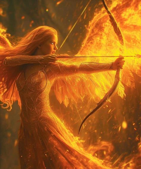 Phoenix Goddess Art, Fire Fairy Fantasy Art, Fire Angel Fantasy Art, Fantasy Fire Magic Aesthetic, Phoenix Powers Aesthetic, Fire Angel Art, Firebird Aesthetic, Sun Elf Aesthetic, Phoenix Feminine