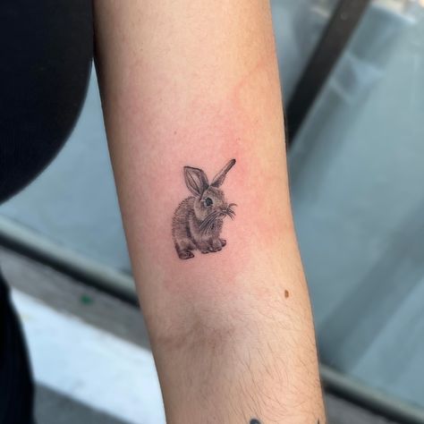 Rabbit Arm Tattoo, Bunny Nose Tattoo, Pet Rabbit Tattoo, Lionhead Bunny Tattoo, Black Bunny Tattoo, Small Rabbit Tattoo, Bunnies Tattoo, Rabbit Tattoo Ideas, Nose Tattoo