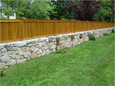 Fence On Stone Wall, Rock Wall Fence, Rock Wall Fencing, Rock Fence, Stone Fence, Wall Fence, Stone Landscaping, Stone Retaining Wall, Brick Fence