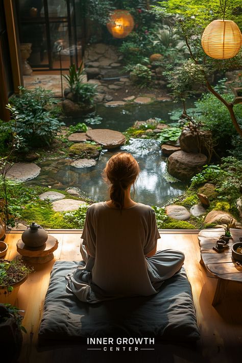 A person meditates facing a serene indoor pond garden with lanterns and lush greenery. Cleaning Energy, Meditation Nature, Cleansing Rituals, Spiritual Room, Negative Vibes, Hybrid Art, Spiritual Retreat, Magical Life, Spiritual Cleansing