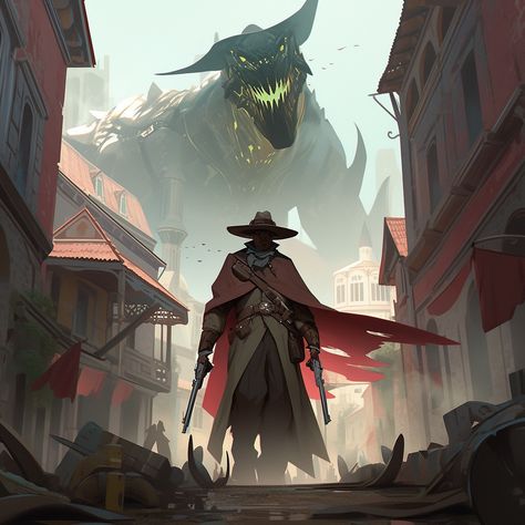 Faceless gunslinger sheriff standing in the center of an old Western town road with a massive gargantuan beast in the background wearing a large comboy hat. Western Scenes Art, Cowboys Concept Art, Old West Fantasy Art, Sheriff Concept Art, Magic Cowboy Art, Fantasy Western Aesthetic, Fantasy Sheriff, Fantasy Western Art, Cowboy Dnd Character