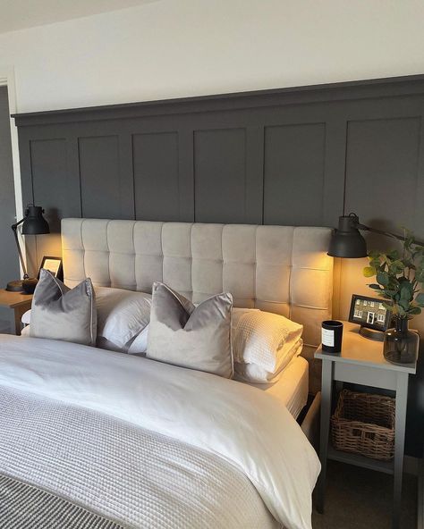 Mai & Ben on Instagram: “Panelling project 🤍 Still so in love with this room. Does anyone have any print suggestions for the picture ledge? #classicinteriors…” Wall Paneling With Picture Rail, Panelling Up To Picture Rail, Tall Panelling Bedroom, Picture Rail Panelling, Picture Ledge Ideas Bedroom, Panelling With Picture Rail, Wall Panelling Behind Bed, Bedroom Picture Rail, Panelling With Shelf