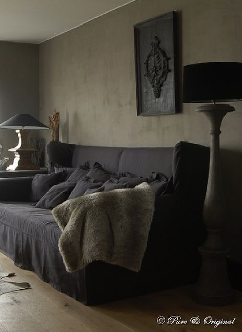 Belgian Decor, Wingback Sofa, Sofa Colour, Gray Couch, Charcoal Sofa, Tan Walls, French Living Rooms, French Sofa, Light Hardwood