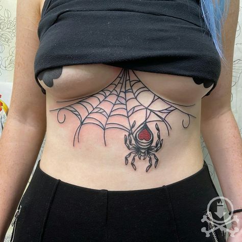 Spiderweb Skull Tattoo, Strum Tattoos, Spiderweb Tattoo Sternum, Spider Web Tattoo Stomach, Spiderweb Tattoo Women, Spiderweb Stomach Tattoo, Spiderweb Tattoo Chest, Spiderweb Neck Tattoo, Spider Underboob Tattoo