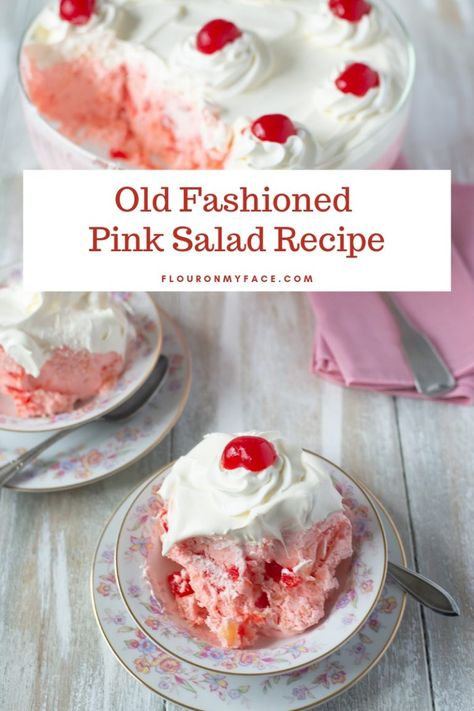 Old Fashioned Maraschino Cherry Pink Salad Dessert recipe Pink Salad Recipe, Pink Salad, Fruit Jello, Pear And Almond Cake, Whipped Cream Desserts, Cherries Salad, Cool Whip Desserts, Amazing Salads, Jello Salads