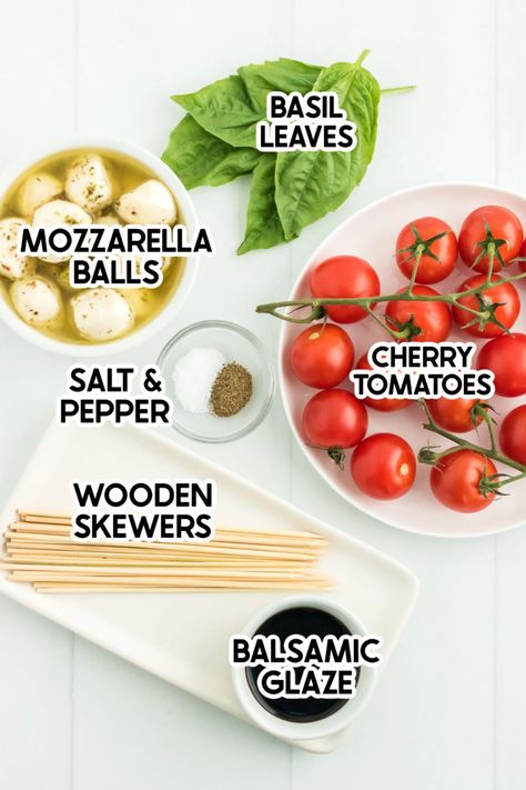 These easy caprese skewers combine tomato, mozzarella, and basil with a little balsamic glaze for one of the most fresh and delicious appetizers! Caprese Skewers Charcuterie Board, Tomato Skewers Appetizers, Mozzarella And Tomato Skewers, Caprese Appetizers Sticks, Easy Caprese Skewers, Tomato Mozzarella Basil Skewers, Caprese Charcuterie Board, Tomato Basil Mozzarella Skewers, Mozzarella Tomato Basil Skewers