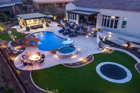 House With Pool In Front Yard, Dream Backyard Layout, Family Friendly Pool Design, Pool With Patio Ideas, Large Yard Landscaping Layout With Pool, Awesome Backyard Ideas With Pool, Pool And Playground Backyard, Pool And Patio Design, Pretty Backyards With Pool