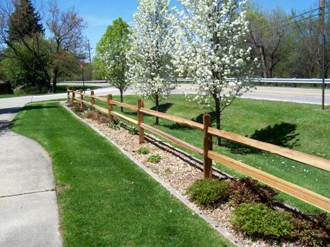 split+rail+fence | Western Red cedar, Split Rail Front Yard Split Rail Fence, Split Fence Landscaping, Split Rail Fence Ideas Driveways, Driveway Fence Landscaping, Western Fence Ideas, Split Rail Fence Ideas Landscaping, Fence Along Driveway, Split Rail Fence Landscaping, Country Yard Landscaping