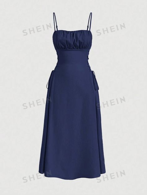 SHEIN MOD Women's Waist Strap Spaghetti Strap Dress | SHEIN USA Dress Pleated, Spaghetti Strap Dress, Waist Strap, Women Midi, Navy Dress, Strap Dress, Spaghetti Strap Dresses, Midi Dresses, Pleated Dress