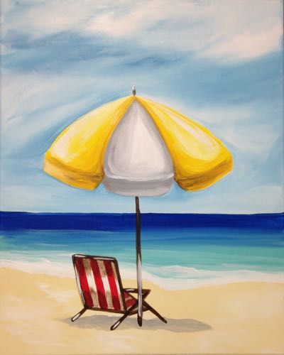 Sip and Paint- "Beach Umbrella" - Art Studio 27 Beach Umbrella Painting, Paint And Sip Studio, Beach Umbrella Art, Evening Painting, Wine And Paint Night, Umbrella Drawing, Freetime Activities, Art Parties, Beach Scene Painting