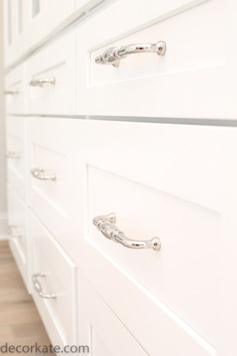 CABINET HANDLES #cabinetpulls #kitchendesign #kitchencabinets #hardware Kitchen Handles Chrome, White Cabinets Chrome Hardware, Hamptons Kitchen Handles, Small House Makeover, Hampton Kitchen, Chrome Cabinet Hardware, Ivory Kitchen, Kitchen 2021, Silver Cabinets