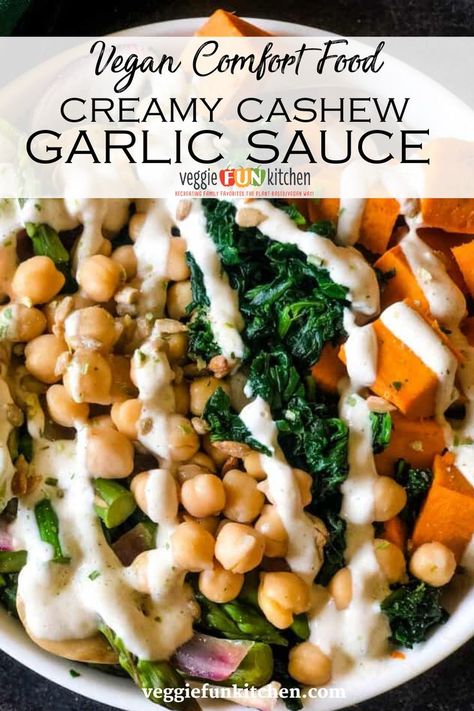 This creamy garlic sauce with cashews is the perfect topping to drizzle on veggies, pizza, or soup. It’s vegan; so you can be sure it’s dairy-free as well. What I have learned in my vegan culinary journey, is that the sauce is everything! Have a bowl of vegetables you don’t know what to do with? Add a sauce. Plain baked potato? Add a sauce. Need to spice up some soup? That’s right…just top with sauce! | Veggie Fun Kitchen @veggiefunkitchen #vegansaucerecipes #vegansauce #veggiefunkitchen Roasted Veggies Sauce, Creamy Vegan Sauce, Easy Vegan Sauces, Veggies With Sauce, Cashew Garlic Sauce, Cashew Sauce Recipes, Vegan Sauces For Bowls, Vegan Creamy Garlic Sauce, Creamy Cashew Sauce