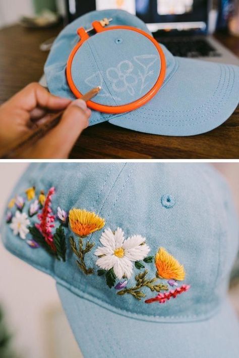 Bone Bordado, Custom Embroidered Hats, Topi Snapback, Sew Ins, Costura Diy, Embroidery Materials, Denim Ideas, Pola Sulam, Brazilian Embroidery