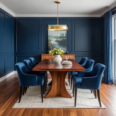 It's The Decor Sherwin Williams Naval Dining Room, Blue Wall Dining Room Ideas, Navy Dining Room Walls, Blue Dining Room Ideas, Moody Dining Room Ideas, Blue Wainscoting, Dining Room Paint Color Ideas, Navy Dining Room, Dark Blue Dining Room