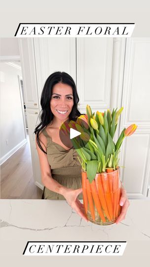 Carrot Centerpiece Ideas, Tulip Centerpiece Simple, Carrot Centerpiece, Carla Bushey, Easter Floral Centerpieces, Lily Centerpieces, Tulip Centerpiece, Easter Napkins, Clear Vase