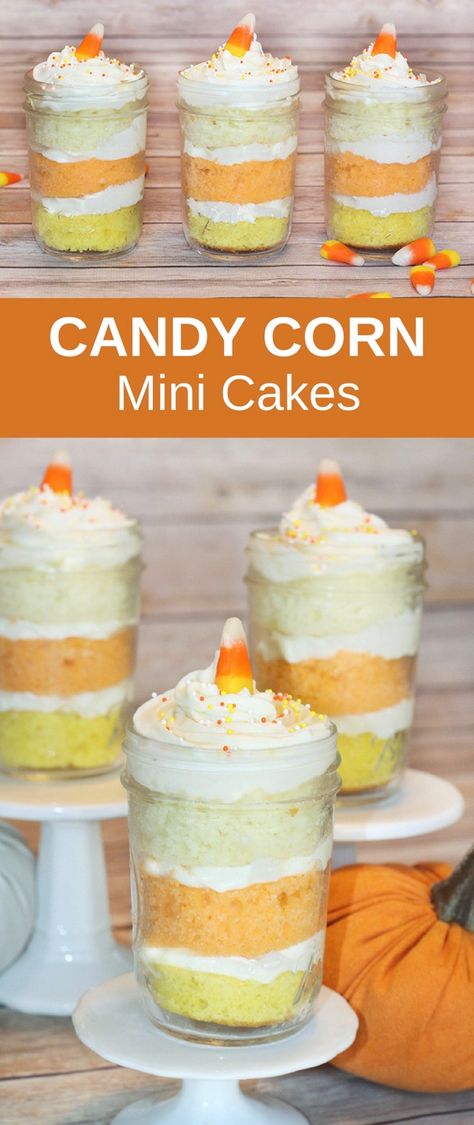 Halloween Cake In A Jar, Fall Mini Cake Designs, Cake In A Jar How To Make, Fall Desserts In A Jar, Mini Fall Dessert Cups, Fall Mason Jar Desserts, Cake In Jar Ideas, Cake In A Jar Ideas, Halloween Cake Cups