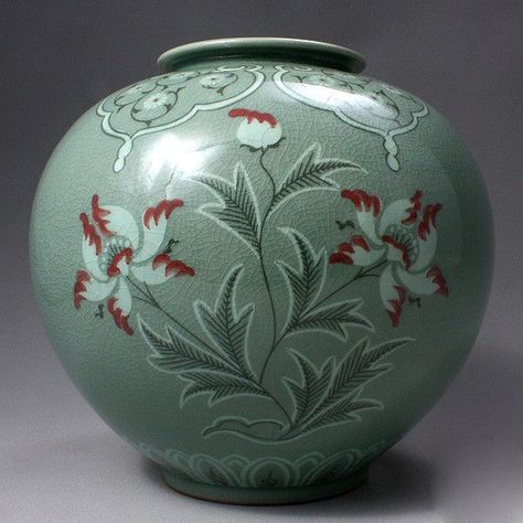 Celadon Pottery, Celadon City Pokemon, Celadon Bloom Glaze, Korean Celadon Pottery, Song Dynasty Ceramics, Copper Paint, Peony Flower, Pottery Vase, Handmade Pottery