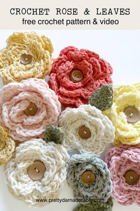 Use up all your scrap yarn making this beautiful crochet rose and leaves pattern to brighten up your everyday crochet projects. Be sure to click through for 15 amazing ways to use these crochet roses. Free Crochet Small Flower Patterns, Crochet Rose Applique, Crochet Flowers For Hats, Large Crochet Flower Pattern Free, Croquet Flowers, Spring Crochet Projects, Crochet Roses Free Pattern, Free Crochet Rose Pattern, Creative Habits