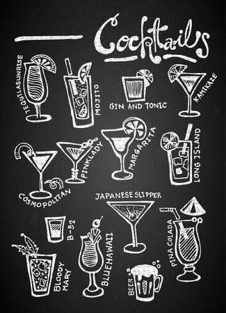 Bar Chalkboard Ideas, Chalkboard Art Quotes, Bar Deco, Kitchen Chalkboard, Cocktail Illustration, Chalk Design, Chalkboard Drawings, White Cocktails, Window Display Design