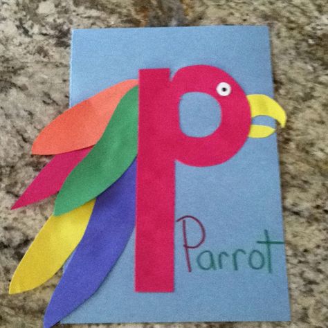 P is for parrot craft Pirate Alphabet, Animal Kindergarten, P Craft, Letter P Crafts, Parrot Craft, Preschool Letter Crafts, Daycare Classroom, Cabin Room, Alphabet Crafts Preschool