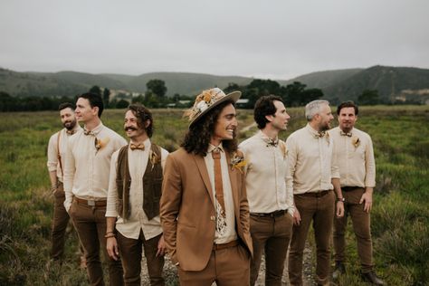 Eclectic Groomsmen Attire, Groomsmen Attire Boho, Brown Groomsmen Attire, Groomsmen Attire Brown, Neutral Groomsmen Attire, Boho Groomsmen Attire, Groomsmen Brown, Brown Groomsmen Suits, Mismatched Groomsmen