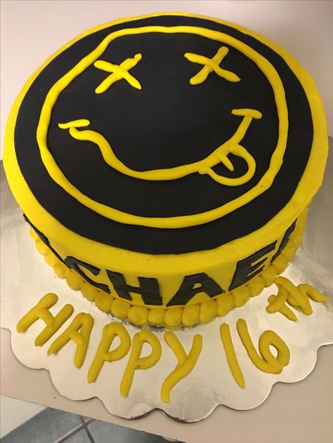 Nirvana 16th birthday cake Rock Roll Birthday Cake, Nirvana Themed Birthday Party, Nirvana Birthday Party, Nirvana Birthday, Nirvana Cake, 16th Birthday Cake, Rock And Roll Birthday, 16 Birthday Cake, Birthday Cakes For Women