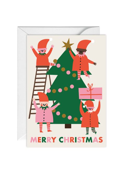 Merry Christmas, Elves, Christmas Tree, Card is the perfect Christmas card to send to loved ones Details. Printed on recycled card 350gsm with a recycled envelope! The card is blank inside for your own message. Shipping. Postcards will be sealed in clear plastic eco (compostable) sleeve and delivered in a reinforced a protective stiff envelope. All artwork is subject to copyright and any reproduction or use of this artwork without permission will be infringing copyright. Summer Christmas Illustration, Quick Christmas Cards To Make, Graphic Design Christmas Card, Elves Christmas Tree, Graphic Design Christmas, Xmas Cards To Make, Xmas Postcard, Staff Card, Elves Christmas