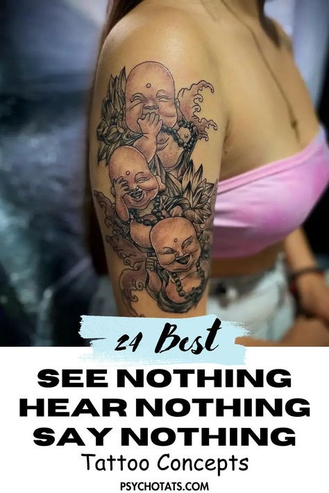 See Nothing Hear Nothing Say Nothing Tattoo Evil Tattoo, Three Wise Monkeys, Monkey Tattoos, Wise Monkeys, Red Ink, Skull Tattoos, Symbolic Tattoos, Positive Messages, Line Tattoos