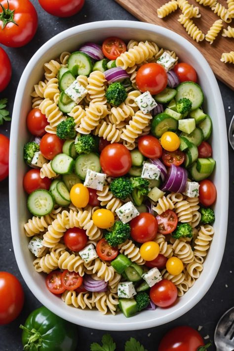 A photo of a  Pasta Salad with Veggies which is a type of school lunch ideas Healthy Lunch For School, Salad With Veggies, Lunch For School, Healthy School Lunch Ideas, Delicious Pasta Salad, Healthy School Lunch, School Meals, School Lunch Ideas, Healthy School