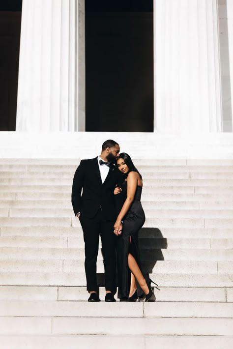 Power Couple Wedding Photos, Glamour Engagement Shoot, Black Engagement Shoot, Black Dress Engagement Photos Classy, Sophisticated Couple Photoshoot, Power Couple Photoshoot Classy, Engagement Shoot Black Couple, Sophisticated Engagement Photos, Engagment Photo Formal