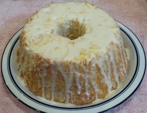 Icing For Angel Food Cake, Angel Food Cake Glaze, Angel Food Cake Icing, Low Sugar Frosting, Lemon Glaze Icing, Pear And Almond Cake, Angel Food Cake Desserts, Tube Pan, Cake At Home