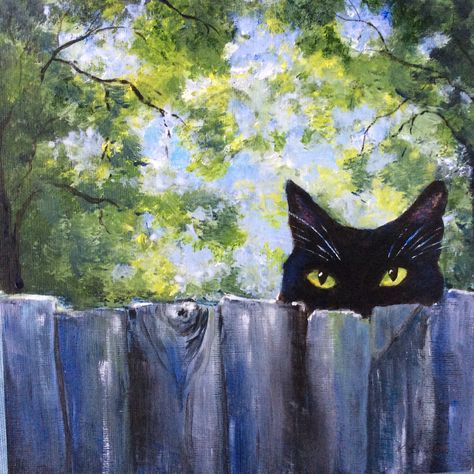 I call this Neighbourhood Watch. I loved the image of the cat peering over the fence watching everything that is going on. Fence Drawing Reference, Igcse Arts, Cat Peaking Out Drawing, Cat On A Window Sill Drawing, Cat On Fence Painting, Cat On A Fence, Cat On Windowsill Painting, Fence Painting, Peeking Cat