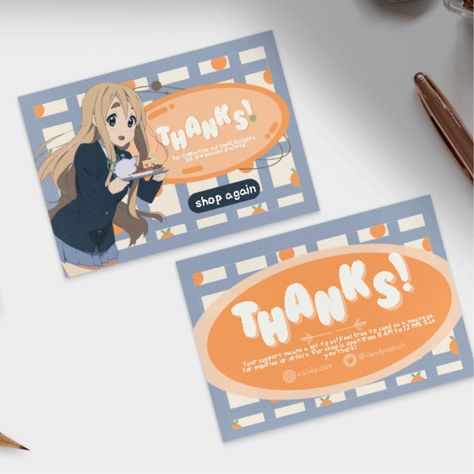 Plaid, Kawaii, Thank You Card, Anime, Cute, Blue, Orange, Canva, Thank You Card Template Kawaii Thank You Cards, Anime Business Card, Thankyoucard Design, Buisness Cards, Cute Thank You Cards, Card Inspo, Thank You Card Design, Id Card Template, Merch Ideas