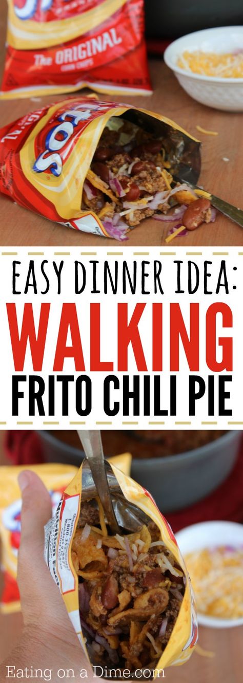 What are walking tacos? Try this Walking Taco Recipe with Fritos! Yes, walking tacos frito chili pie style. easy dinner ideas Camping Frito Pie, Walking Frito Chili Pie, Dorito Meals, Walking Chili Fritos, Walking Frito Pie, Walking Meals, Recipe With Fritos, Fritos Recipes, Frito Recipes