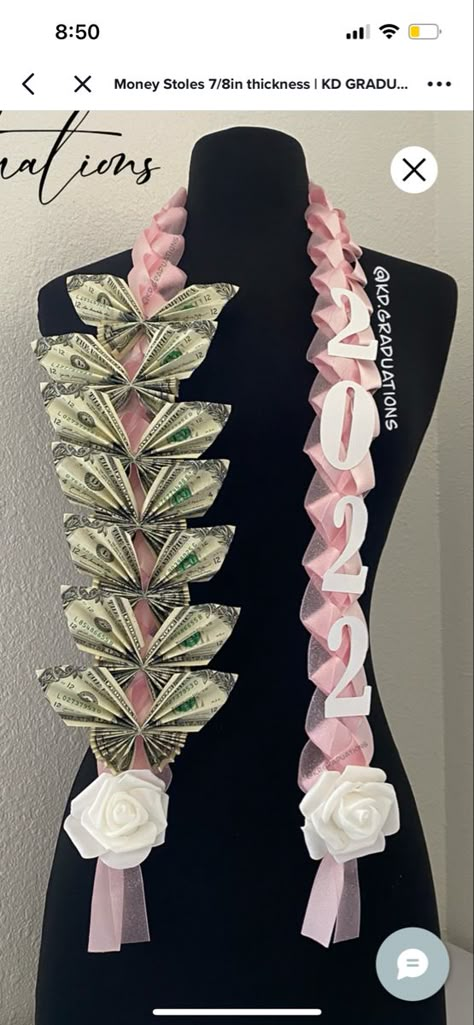 Graduation Leigh Ideas, Graduation Leis For Men, How To Make Flower Leis For Graduation, Grad Leis Diy Ribbon, Senior Picture Ideas Real Estate, Money Graduation Sash, Graduation Rope Ideas, Lay For Graduation, 8th Grade Promotion Lei Ideas